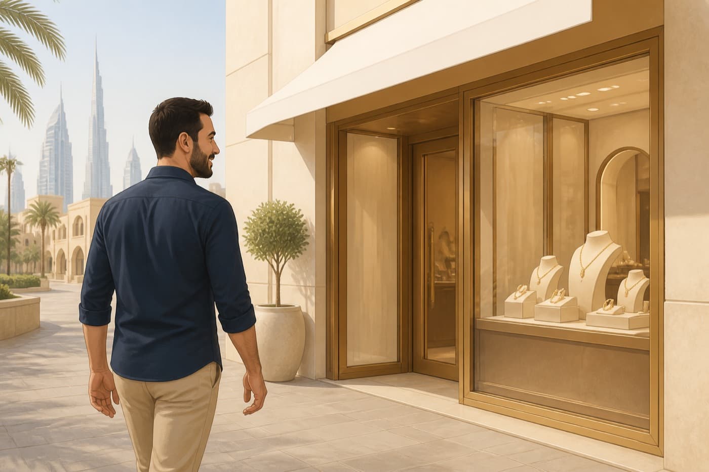 Man walking toward a jewelry store to buy gold
