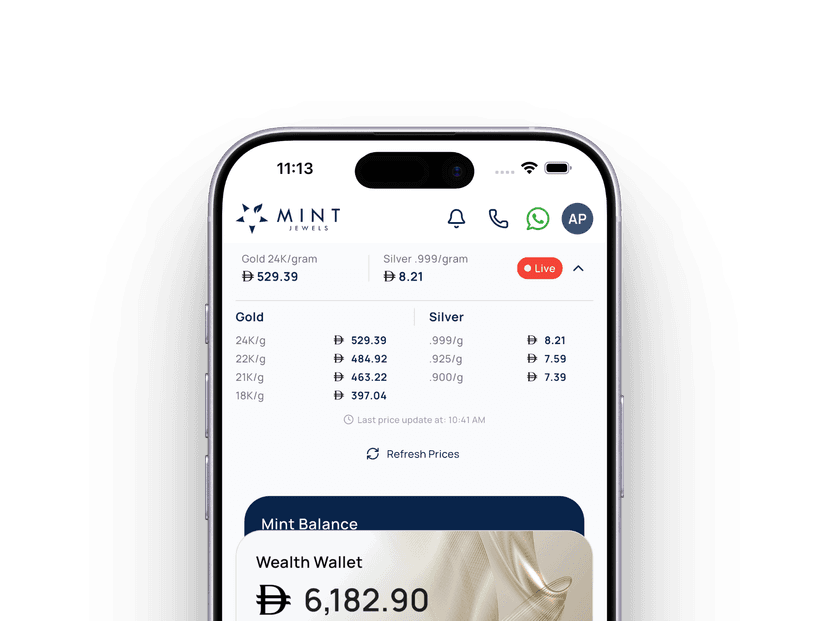 Mint Wealth app showing live gold and silver prices in AED