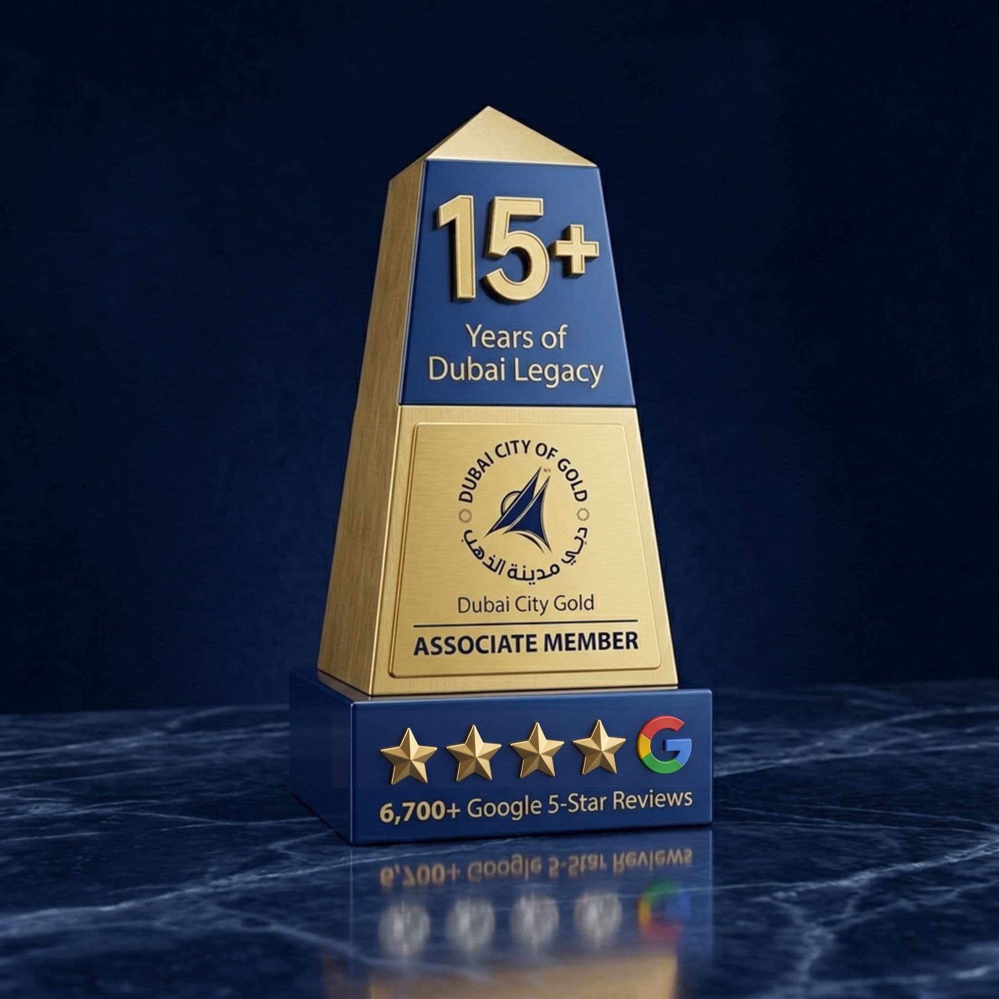 Mint Jewels credibility award: 15+ years, Dubai City of Gold Associate Member, and 6,700+ Google 5-star reviews