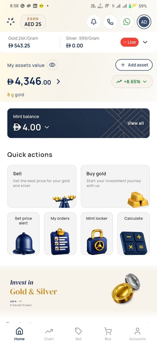 Mint Wealth app showing live gold and silver prices in AED